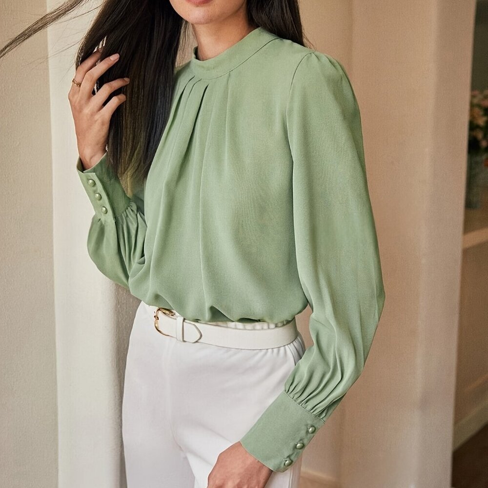 "Elegant Ruched Bust Long Sleeve Shirt – Stand Collar"